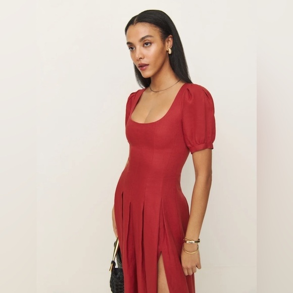 NEW Reformation Coucou Midi Linen Dress Sundried Tomato Red | US 2 UK 6 - Picture 5 of 16